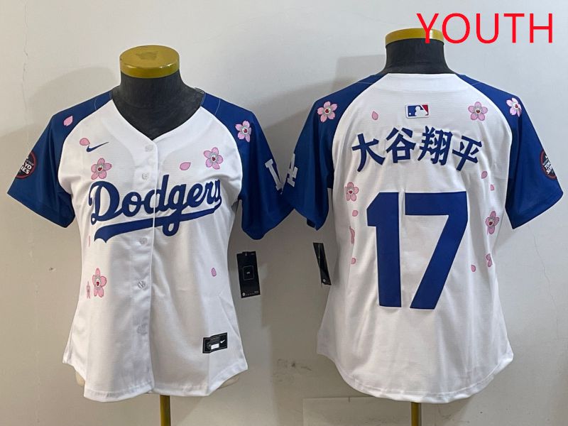 Youth Los Angeles Dodgers #17 Ohtani White Blue Sakura Edition 2025 Nike MLB Jersey style 18->youth mlb jersey->Youth Jersey